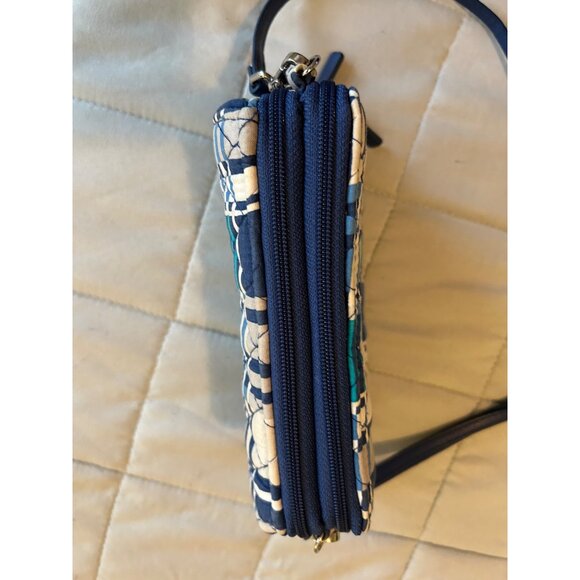 Vera Bradley Crossbody Wallet Purse Bag Blue Beige Geometric Print Quilted Trave - Picture 4 of 12